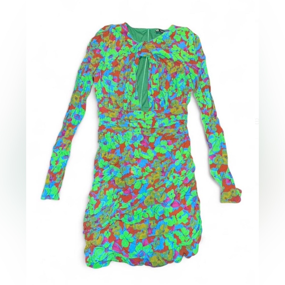 Zara Green Floral Rouched Peep Hole Mini Dress J Lo Y2K Sexy Wedding Guest 70s S